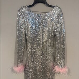 B Darlin Silver Sequin Long Sleeve Dress with Pink Feather Cuffs